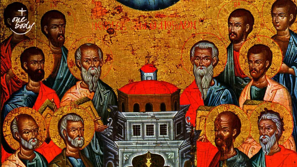 Detail of a 17th- or 18th-century Greek icon depicting the Twelve Apostles supporting the church