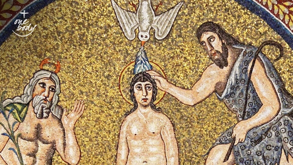 Mosaic depicting the baptism of Christ in the Arian Baptistry in Ravenna, Italy