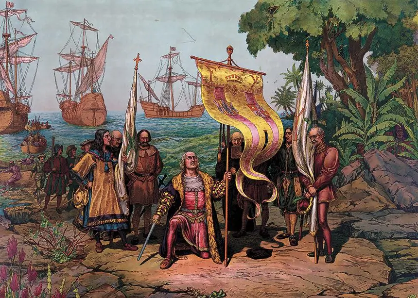 A painting 'Columbus taking possession of the new country' by American artist Louis Prang (1893)