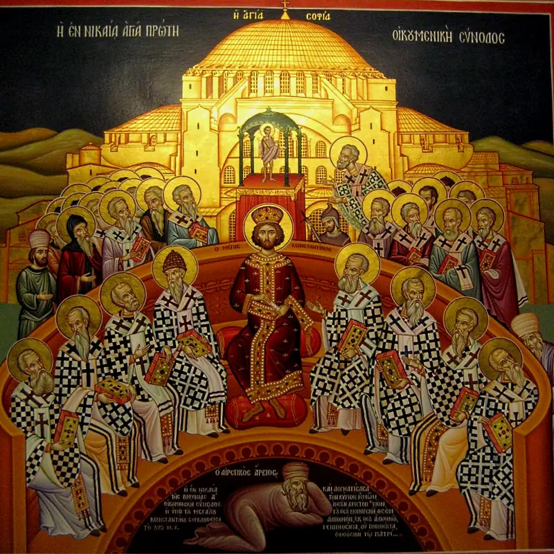 Icon from the Mégalo Metéoron Monastery in Greece, representing the First Ecumenical Council of Nicaea 325 A.D., with the condemned Arius in the bottom of the icon