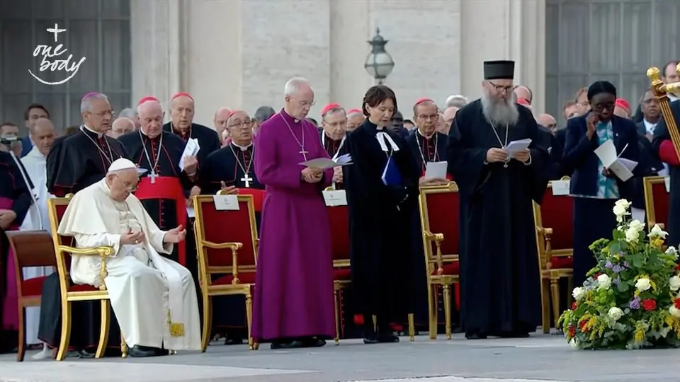 Pope Francis and the leaders of various Christian communities recite the Our Father during the Ecumenical Prayer Vigil in St. Peter's Square on September 30, 2023