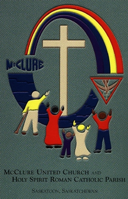 GIFT OF UNITY -- The covenant banner features a rainbow that connects the logos of McClure United and Holy Spirit Roman Catholic parishes