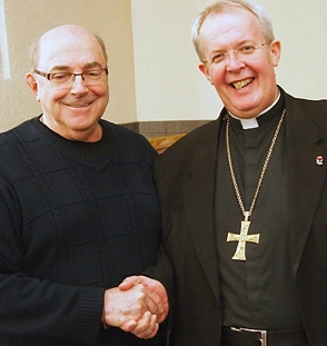 Rev. Bernard de Margerie (left) greets the inaugural speaker of the new de Margerie lecture series, Bishop Gregory Cameron of the Anglican Church of Wales