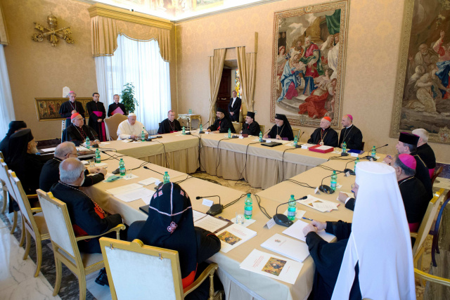 Pope Francis attends a meeting with the patriarchs and major archbishops of the Eastern Catholic churches in Syria, Iraq and and other parts of the Middle East