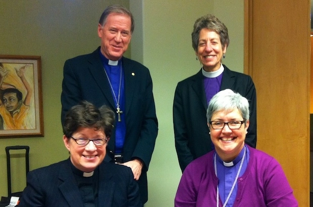 Four bishops in leadership of the Anglican Church of Canada, the Episcopal Church, the Evangelical Lutheran Church in America, and the Evangelical Lutheran Church in Canada. At the back: Archbishop Fred Hiltz and Presiding Bishop Katharine Jefferts Schori; at the front ELCA Bishop Elizabeth Seaton and ELCIC Bishop Susan Johnson