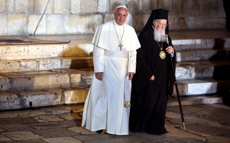 Pope Francis and Patriarch Bartholomew at the Church of the Holy Sepulchre in Jerusalem