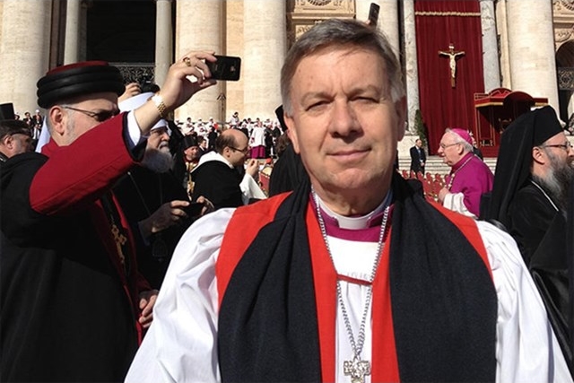 Archbishop David Moxon, seen here outside St. Peter's Basilica in 2014, was at the Basilica of St. Paul's-Outside-the-Walls for the January 25, 2016 service to mark the conclusion of the Week of Prayer for Christian Unity
