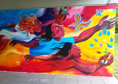 A mural painted by a group of artists led by Anne Stickel at the Mainz ecumenical assembly in Germany