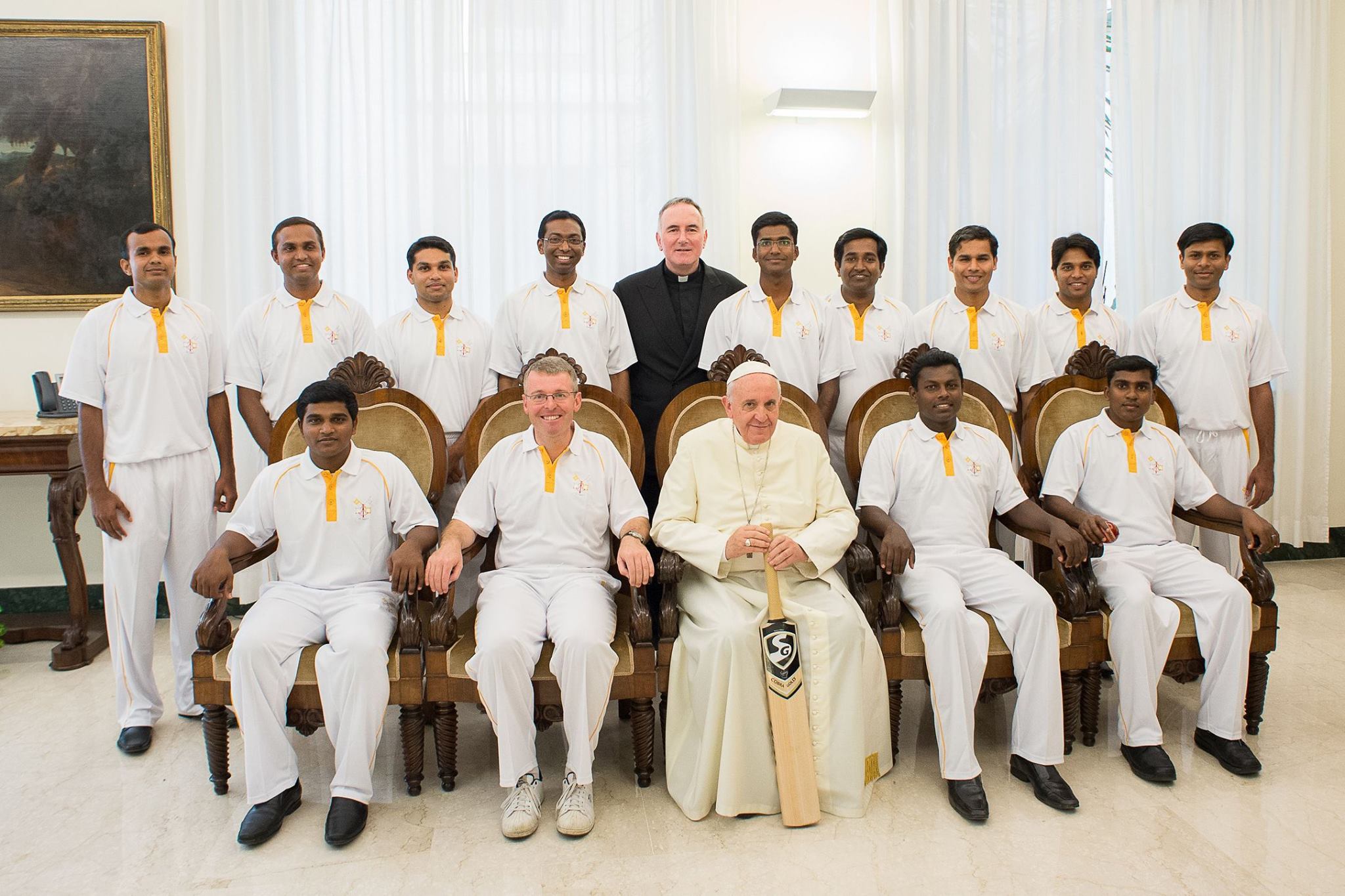 Cardinal Ravasi of the Pontifical Council for Culture presented the priests and seminarians of the St Peter's Cricket Club to Pope Francis on 9 September ahead of their Light of Faith Tour to England (12-20 September 2014), which culminates in a match against an Anglican, Church of England XI. Together with the cultural encounter experience of visiting London and Canterbury, they shall be praying at various holy shrines together with our ecumenical partners and raising funds for the Global Freedom Network, which fights against modern slavery and human trafficking.