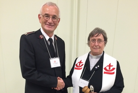 The new President of the Canadian Council of Churches, Canon Dr Barnett-Cowan (right), with her CCC predecessor Lt. Col. James Champ