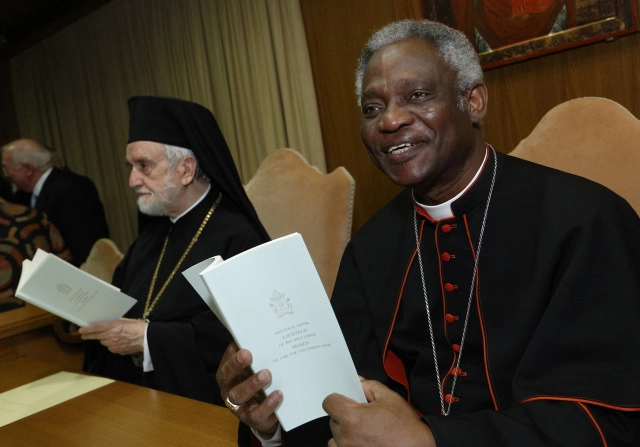 Cardinal Peter Turkson, president of the Pontifical Council for Justice and Peace, and Orthodox Metropolitan John of Pergamon, hold copies of Pope Francis’ encyclical on the environment before a news conference at the Vatican