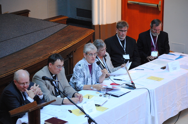 Commission on the Marriage Canon members present their report to the Anglican Church of Canada's Council of General Synod: (L to R) Stephen Martin, Canon Paul Jennings, Bishop Linda Nicholls, Patricia Bays, The Rev. Paul Friesen and Archbishop John Privett