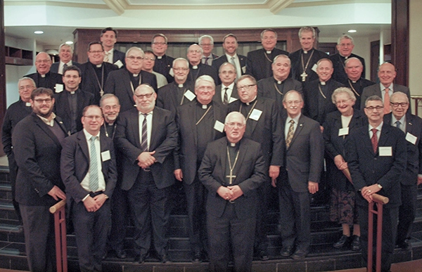 Members of the newly formed Catholic-Jewish Dialogue. The Jewish delegation to the dialogue is composed of Dr. Robert Daum, Rabbi Baruch Frydman-Kohl, Dr. Victor Goldbloom, Rabbi Reuben Poupko, Dr. Adele Reinhartz, and Dr. Norman Tobias. The Catholic delegation is composed of Bishop John A. Boissonneau, Archbishop Paul-André Durocher, Sister Anne Anderson, C.S.J., Father Martin Moser, O.M.I., Sister Eileen Schuller, O.S.U., and Father Hervé Tremblay, O.P.