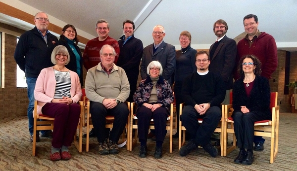 Anglican-United Church Dialogue in Canada meeting in Saskatoon, January 26-29, 2015 at Queen's House Retreat and Renewal Centre. Members of the dialogue include: Dr Will Kunder, Ven Dr Lynne McNaughton, Bishop Michael Oulton, Rev Dr Andrew O'Neill, Rev Dr Gordon Jensen, Rev Elisabeth R Jones, Rev Dr William Harrison, and Ven Bruce Myers [back]; Brenda Simpson, Rev Donald Koots, Dr Gail Allan, Rev Stephen Silverthorne, and Rev Dr Sandra Beardsall [front]