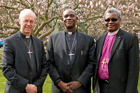 The new Secretary General of the Anglican Communion, Bishop Josiah Idowu-Fearon (centre), with Archbishop of Canterbury Justin Welby and Bishop James Tengatenga, Chair of the Anglican Consultative Council
