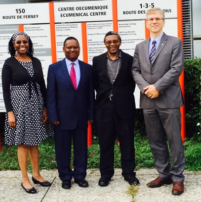 South African Council of Churches to continue working for Christian unity and social justice. From left to right, Isabel Apawo Phiri, Frank Chikane, Malusi Mpumlwana and Olav Fykse Tveit, at the Ecumenical Centre in Geneva