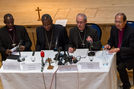 The secretary general of the Anglican Communion, Archbishop Josiah Idowu-Fearon with the Archbishop of Cape Town, Thabo Makgoba; the Archbishop of Canterbury, Justin Welby; and the Archbishop of Hong Kong, Paul Kwong; at a press conference following last week's Primates Meeting in Canterbury Cathedral