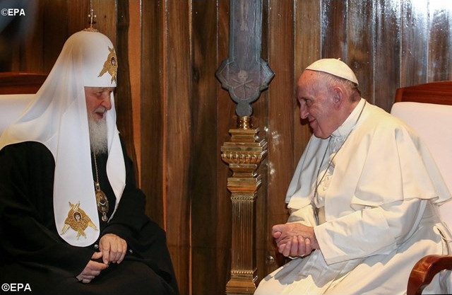Patriarch Kirill of Moscow and Pope Francis meeting in Havana, Cuba. This was the first meeting between a reigning pope and a patriarch of Moscow
