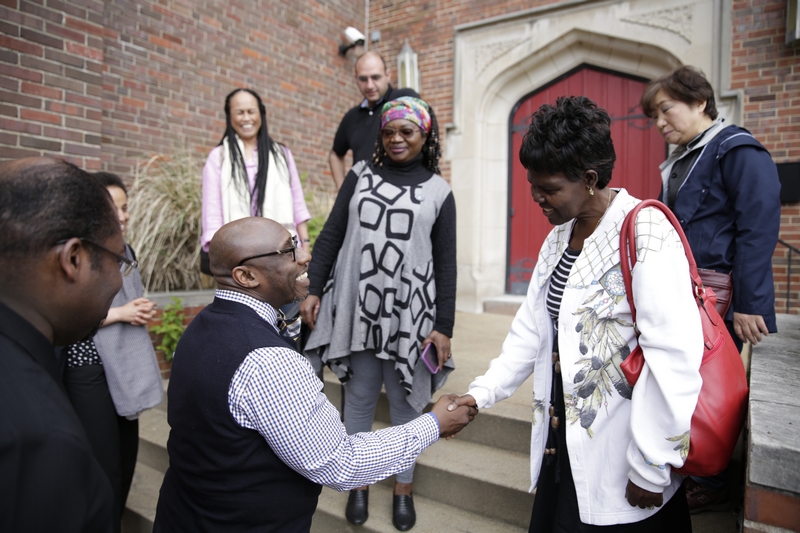 Dr. Agnes Abuom, moderator of the Central Committee of the World Council of Churches, greets Rev. Dr. Willis Johnson in Saint Louis, Missouri during the WCC’s US racial justice accompaniment visit