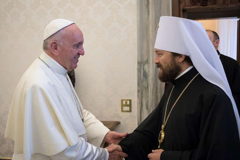 Pope Francis greets Metropolitan Hilarion of Volokolamsk, head of external relations for the Russian Orthodox Church, at the Vatican Sept 15. Between Sept. 15-22 leading Catholic and Orthodox bishops will come together in Italy to discuss key issues that are keeping their churches apart. Photo: CNS/L'Osservatore Romano