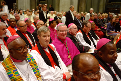 Anglican and Roman Catholic bishops gather for Vespers at the Church of San Gregorio in Rome before being sent out in pairs for joint mission by Pope Francis and Archbishop Justin Welby. Photo: ACO