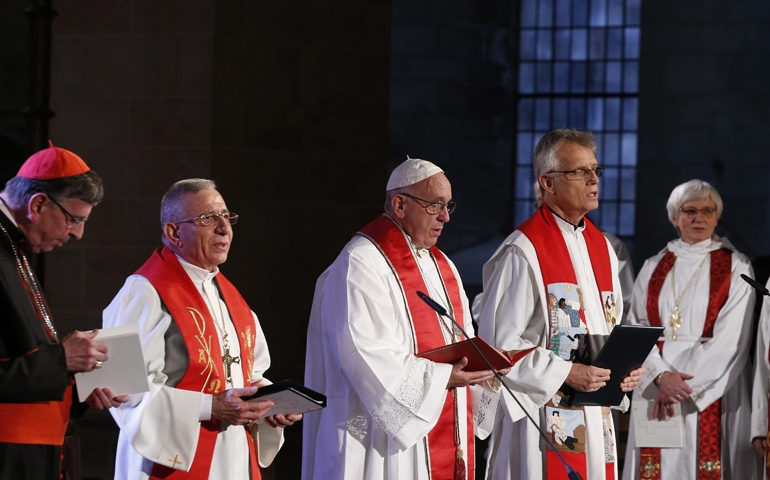 L-R: Cardinal Kurt Koch, Rev Mounib Younan, Pope Francis, Rev Martin Junge, and Archbishop Antje Jackelen