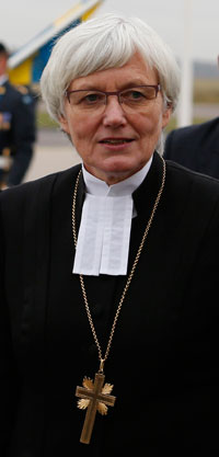 Archbishop Antje Jackelen, primate of the Lutheran Church in Sweden, at the arrival ceremony for Pope Francis Oct. 31. Photo: CNS/Paul Haring