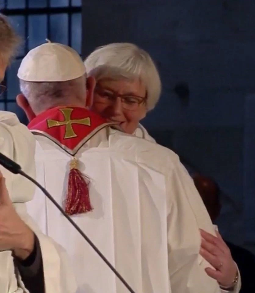 Archbishop Antje Jackelen, primate of the Lutheran Church in Sweden, embraces Pope Francis during the service for the Commemoration of the 500th anniversary of the Reformation