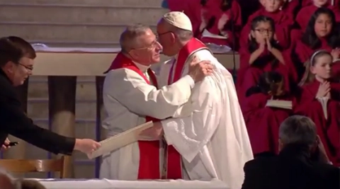 Rev Mounib Younan and Pope Francis embrace during the ecumencial service at Lund Cathedral