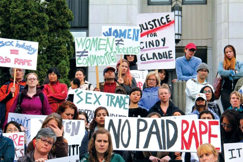 A protest at Vancouver City Hall over the lack of enforcement of prostitution legislation