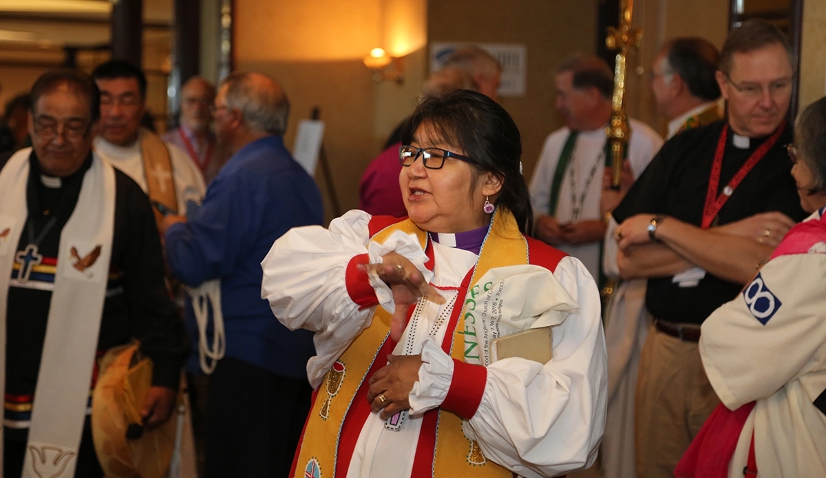 Bishop Lydia Mamakwa, bishop of the Indigenous Spiritual Ministry of Mishamikoweesh, after giving a sermon at the Anglican Church of Canada's General Synod 2016, held in Richmond Hill, Ontario
