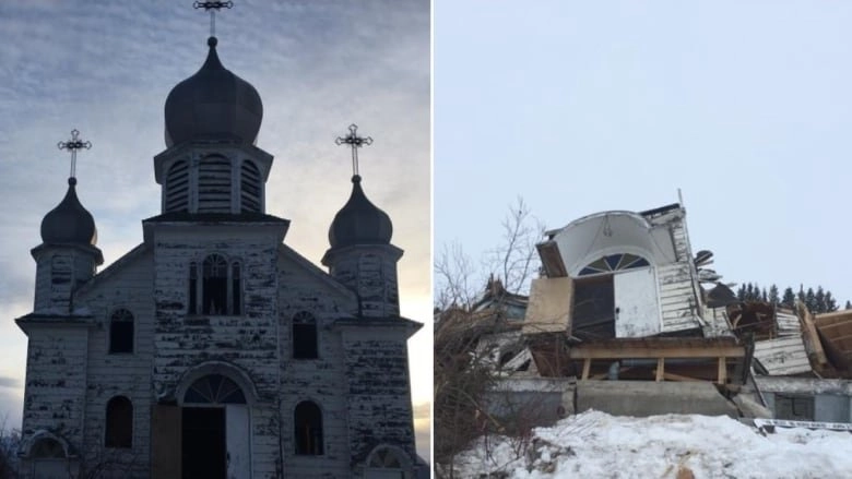 The Village of Meath Park, Sask., 170 kilometres northeast of Saskatoon, demolished this church in 2018 over safety concerns related to its crumbling foundation. Residents who tried to stop the demolition had to be removed by RCMP