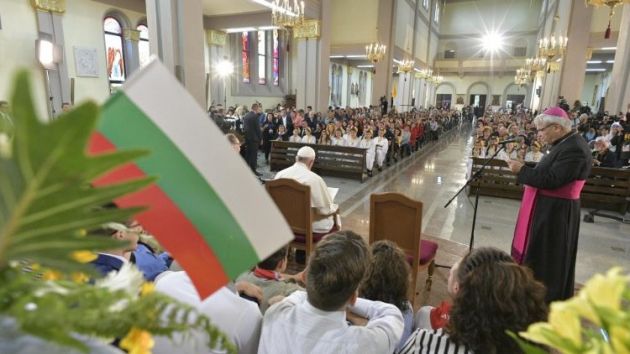 Pope Francis meeting with Bulgaria's Catholic Community in Church of St. Michael the Archangel in Rakovsky in southern Bulgaria