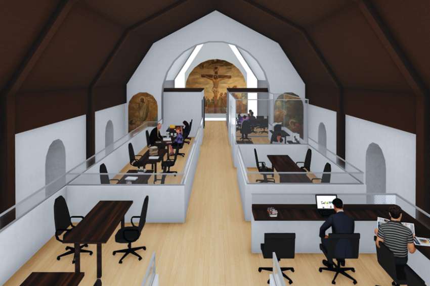 An artist’s rendition of the interior of a new archive project expected to bring together the archives of the Archdiocese of Kingston with two religious orders and the Anglican Diocese of Ontario at the now closed Church of the Good Thief in Kingston, Ont. Photo: Sisters of Providence of St. Vincent de Paul