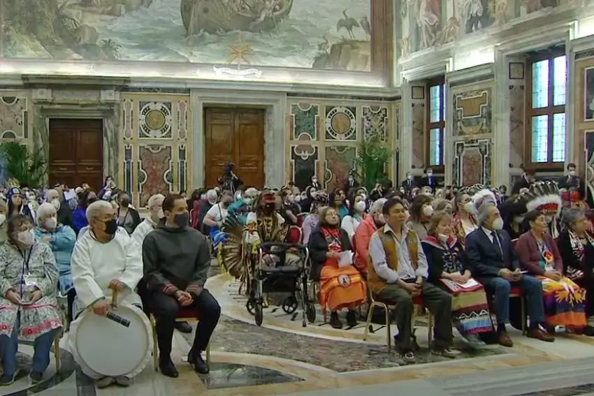 Indigenous delgation at an audience with Pope Francis in Rome from Salt + Light's 'Walking Together' documentary