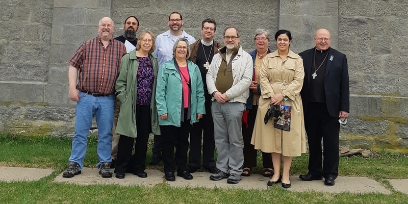 Anglican-Roman Catholic Dialogue of Canada meeting at Châteauguay, Québec, 2-5 May 2022. L-R: Nicholas Jesson, Dr. Brian Butcher (staff), Sr. Donna Geernaert sc, Rev. Canon Dr. Scott Sharman (staff), Bishop Cynthia Halmarson (observer), Bishop Bruce Myers (co-chair), Rev. Dr. Iain Luke, Rev. Marie-Louise Ternier, Ana de Souza (staff), and Archbishop Brian Dunn (co-chair). Missing: Adèle Brodeur and Dr. Nicholas Olkovich