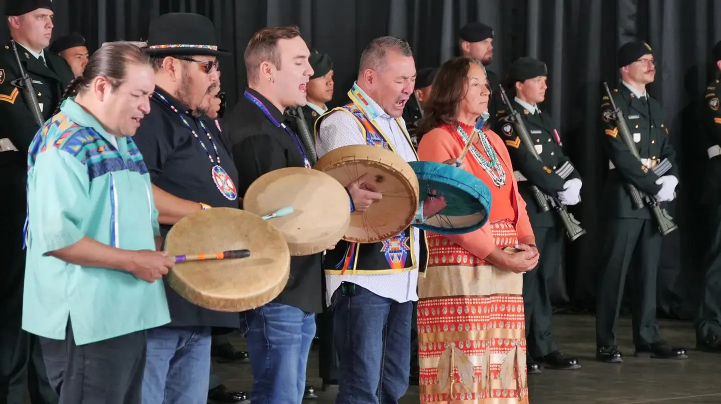 First Nations drummers perform an honour song to greet Pope Francis to Canada