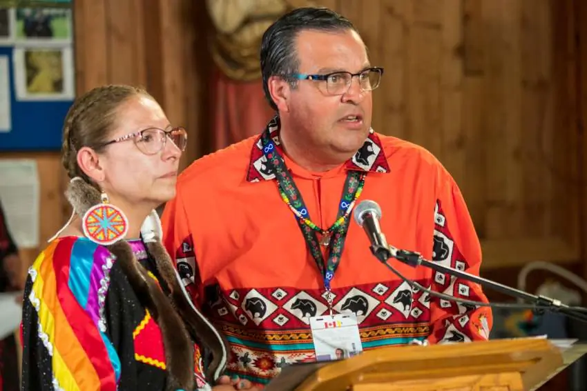 Gary Gagnon, a Metis elder and the Edmonton Catholic School Division cultural facilitator, participates in a ceremony at Lac Ste. Anne during Pope Francis' visit to Canada