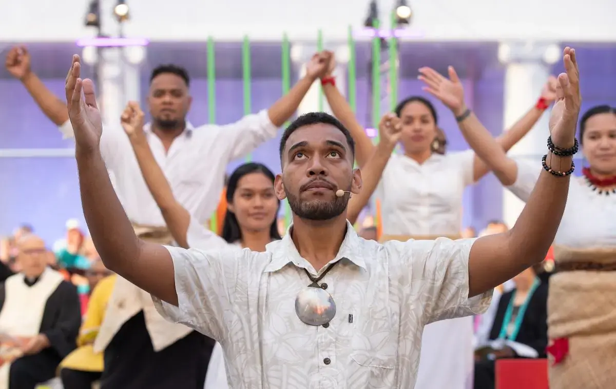 Karlsruhe, Germany: Pacific Islander dancers help lead opening prayer at the World Council of Churches' 11th Assembly in Karlsruhe, Germany. The assembly takes place August 31 to September 8 under the theme 'Christ's Love Moves the World to Reconciliation and Unity'