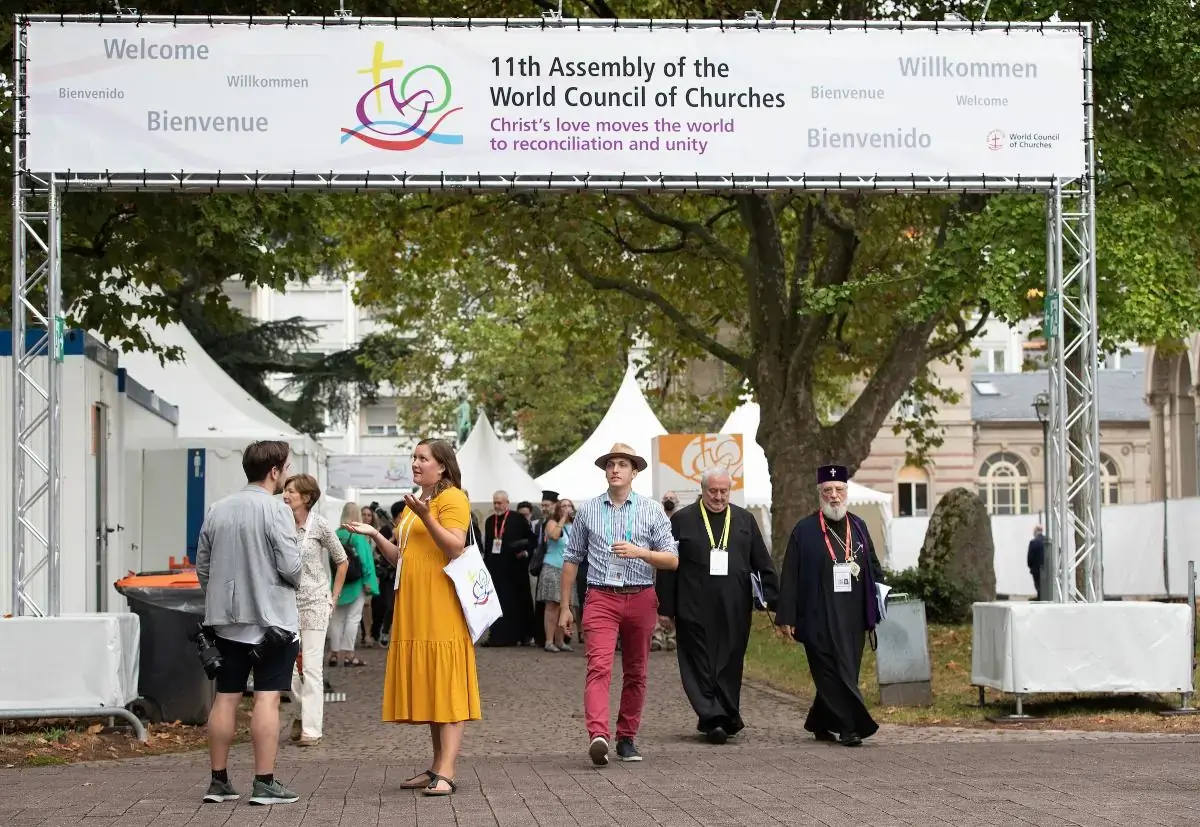Delegates and visitors gather for the opening day of the World Council of Churches' 11th Assembly in Karlsruhe, Germany. The assembly takes place August 31 to September 8 under the theme 'Christ's Love Moves the World to Reconciliation and Unity'