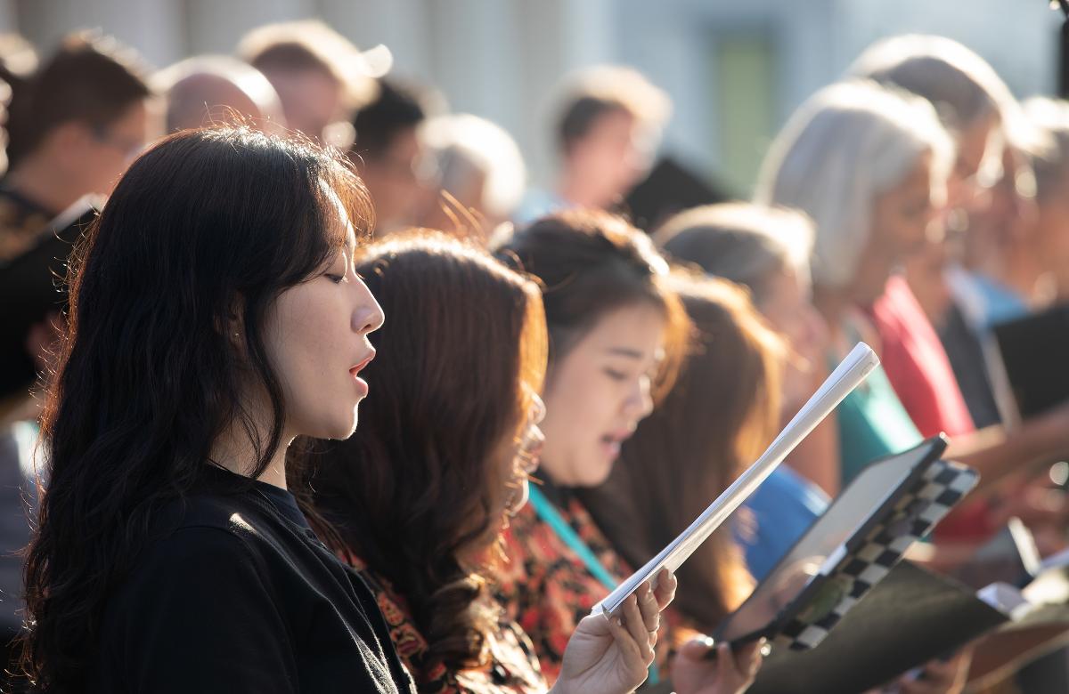   The choir sings during morning prayer at the World Council of Churches' 11th Assembly in Karlsruhe, Germany. The assembly takes place August 31 to September 8 under the theme 'Christ's Love Moves the World to Reconciliation and Unity'