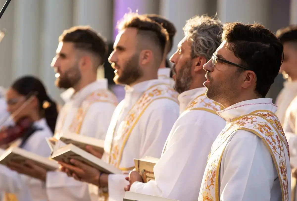 Members of the choir sing during a service of Oriental Orthodox evening prayer at the World Council of Churches' 11th Assembly in Karlsruhe, Germany. The assembly takes place August 31 to September 8 under the theme 'Christ's Love Moves the World to Reconciliation and Unity'