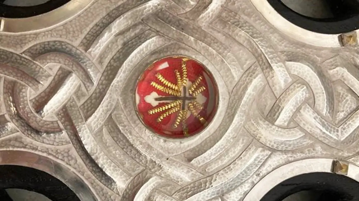 A detail of the Cross of Wales showing a relic of the True Cross gifted to King Charles III by Pope Francis. The Cross will be used during the Coronation on May 6