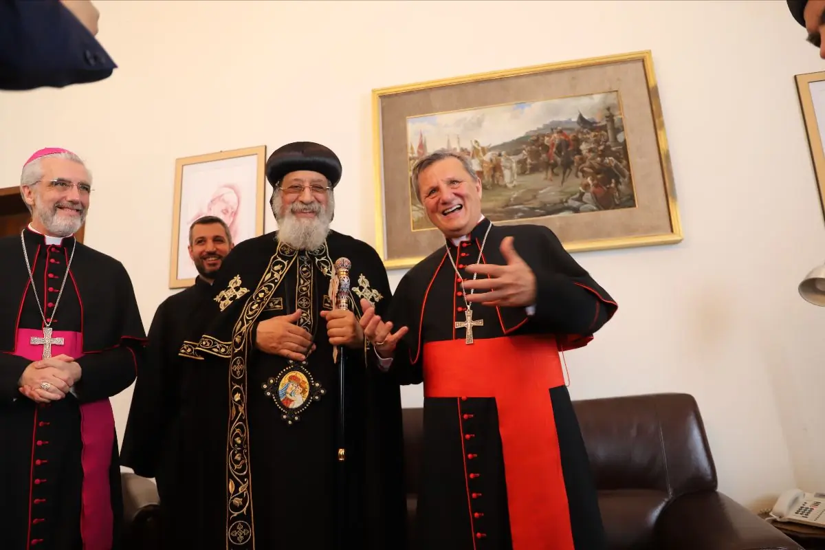 Coptic Pope Tawadros II of Alexandria and patrarch of the See of St. Mark visited the offices of the Synod Secretariat in Rome. Pictured here, Msgr. Luis Marín de San Martín, undersecretary of the Synod, and Cardinal Mario Grech, secretary general of the Synod
