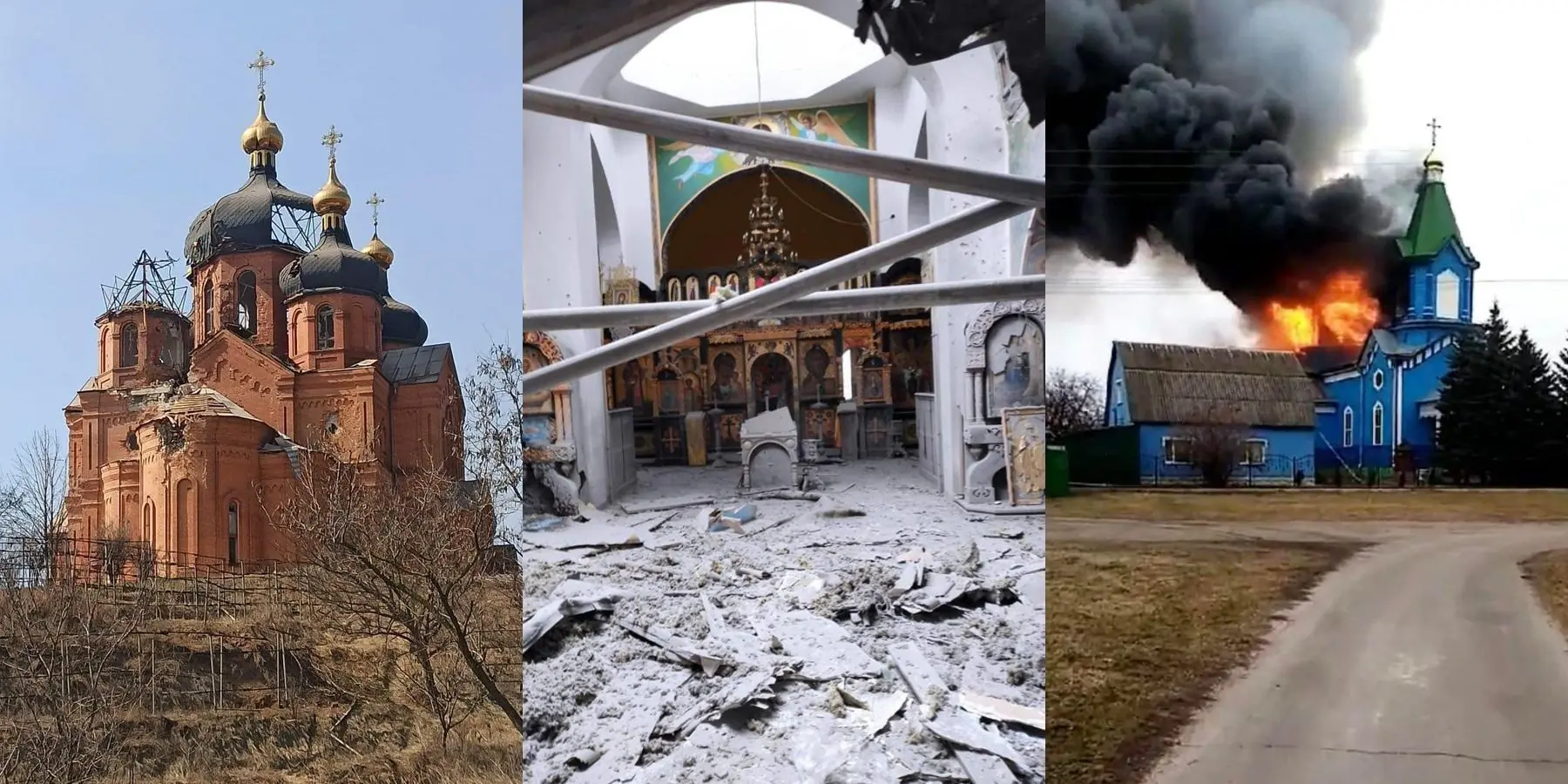 Churches in Ukraine destroyed by Russian attacks (from left): Cathedral of the Archangel Michael in Mariupol; Church of the Ascension of the Lord in Bobryk village, Kyiv region; St. George's Church in Zavorychy village, Boryspil Diocese, Kyiv region