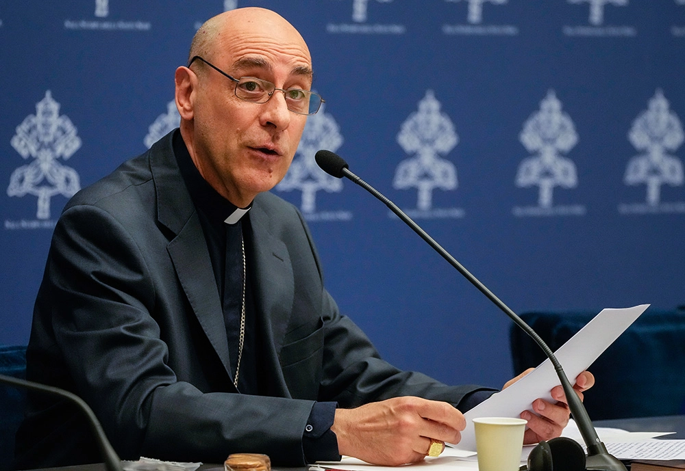 Cardinal Víctor Manuel Fernández, prefect of the Dicastery for the Doctrine of the Faith, speaks at a news conference to present the dicastery's declaration, <i>Dignitas Infinita</i> ('Infinite Dignity'), on human dignity at the Vatican press office