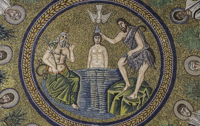 Baptism of Jesus. 6th-century mosaic detail from the ceiling of the Arian Baptistery in Ravenna