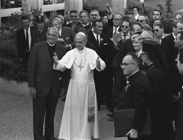 Pope Paul VI at the WCC headquarters in Geneva, 1969, greeted by Dr Eugene Carson Blake, WCC general secretary and other church dignitaries