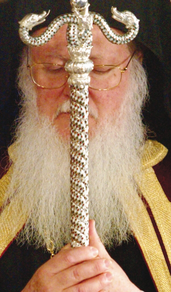Ecumenical Patriarch Bartholomew I of Constantinople holds his St. Andreas sceptre at the beginning of the Easter Divine Liturgy in Aya Yorgi church in Istanbul