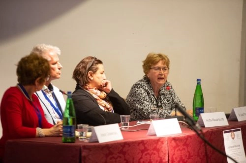 Panel at the international Education for Action conference. The speakers: Joyce Dubensky, Aart Bos, Huda Abuarquob and Lucy Thorson
